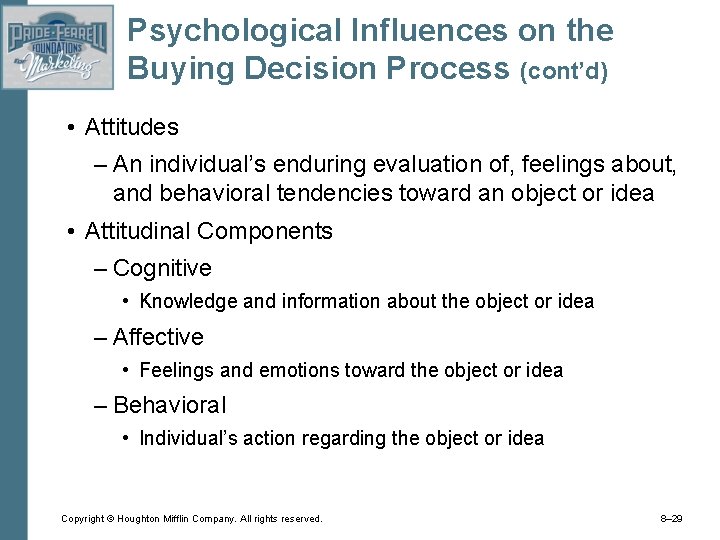 Psychological Influences on the Buying Decision Process (cont’d) • Attitudes – An individual’s enduring