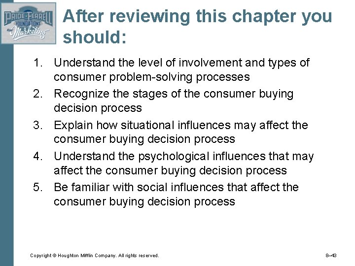 After reviewing this chapter you should: 1. Understand the level of involvement and types