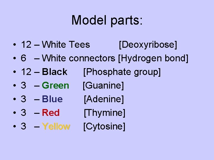 Model parts: • • 12 – White Tees [Deoxyribose] 6 – White connectors [Hydrogen