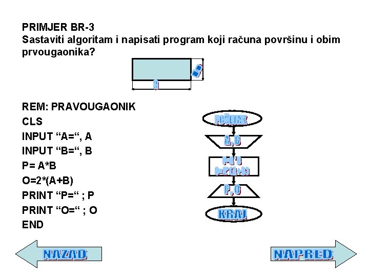 PRIMJER BR-3 Sastaviti algoritam i napisati program koji računa površinu i obim prvougaonika? REM: