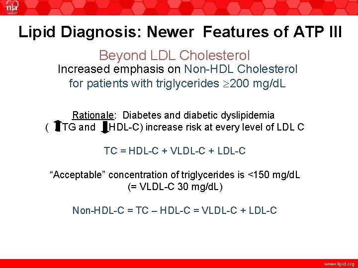 Lipid Diagnosis: Newer Features of ATP III Beyond LDL Cholesterol Increased emphasis on Non-HDL