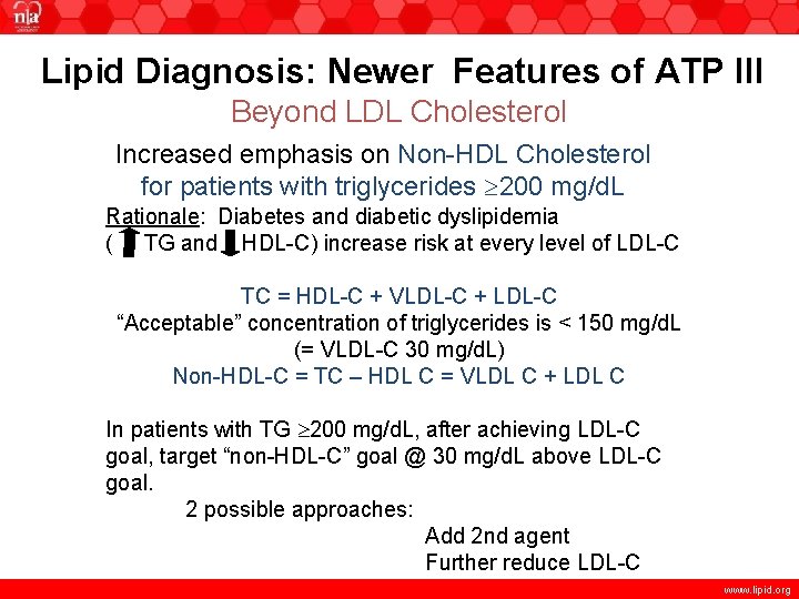 Lipid Diagnosis: Newer Features of ATP III Beyond LDL Cholesterol Increased emphasis on Non-HDL
