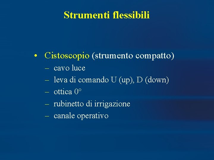 Strumenti flessibili • Cistoscopio (strumento compatto) – – – cavo luce leva di comando