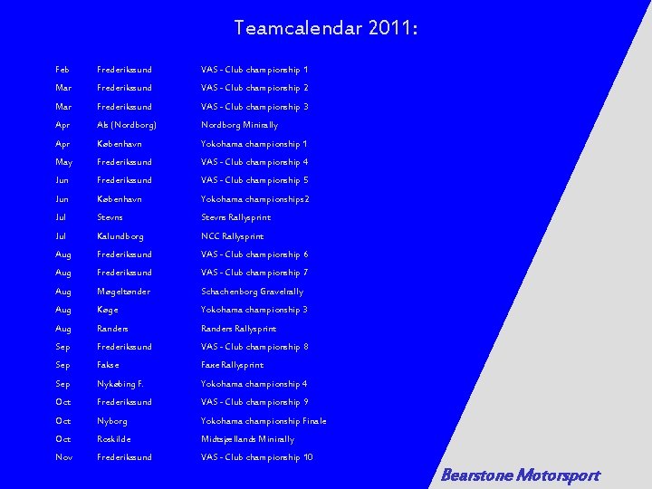 Teamcalendar 2011: Feb Frederikssund VAS - Club championship 1 Mar Frederikssund VAS - Club