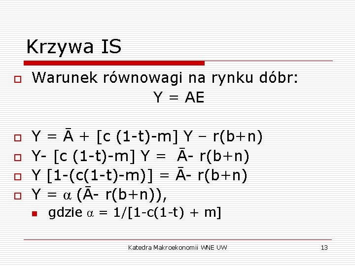 Krzywa IS o o o Warunek równowagi na rynku dóbr: Y = AE Y