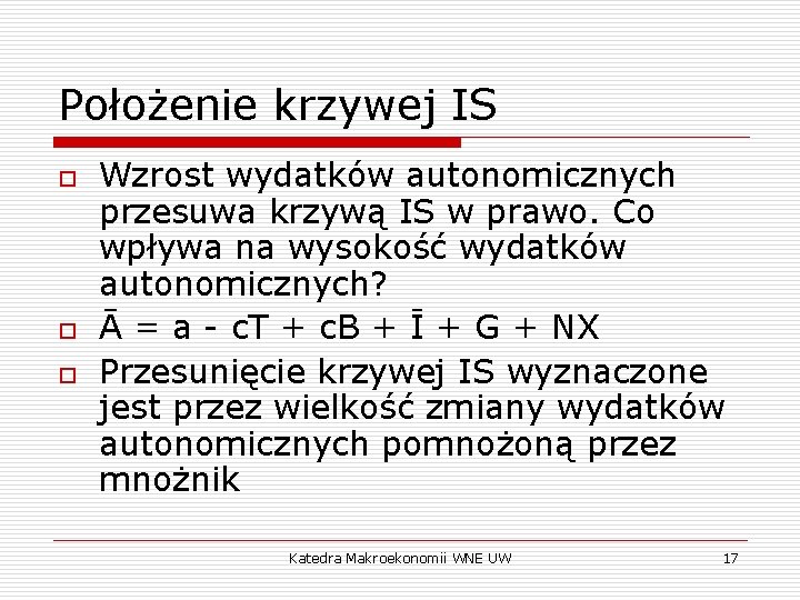 Położenie krzywej IS o o o Wzrost wydatków autonomicznych przesuwa krzywą IS w prawo.