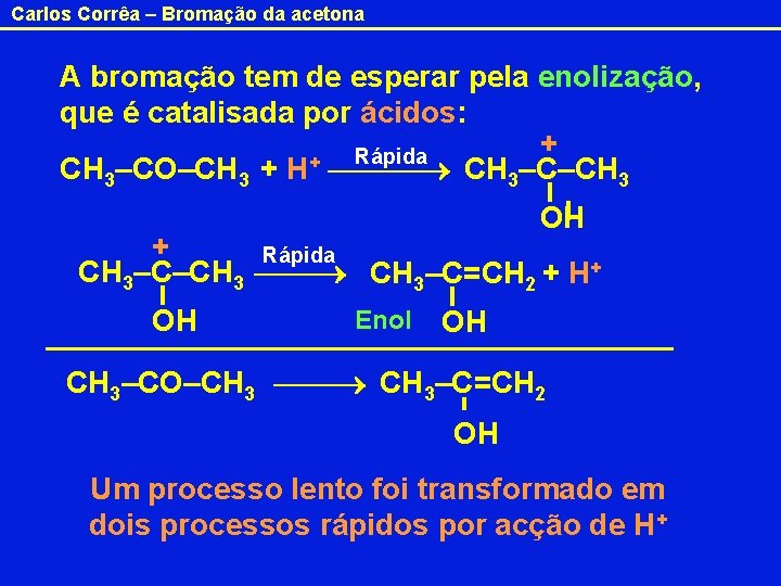 Carlos Corrêa – Bromação da acetona A bromação tem de esperar pela enolização, que