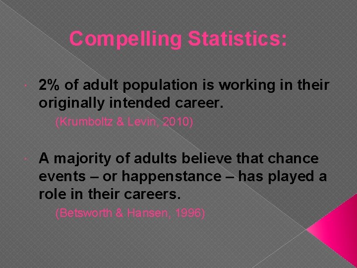 Compelling Statistics: 2% of adult population is working in their originally intended career. (Krumboltz