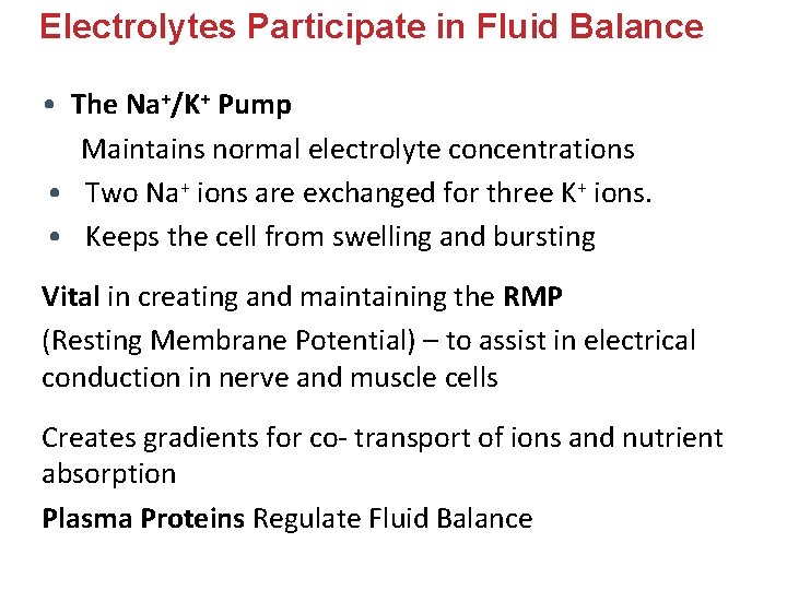 Electrolytes Participate in Fluid Balance • The Na+/K+ Pump Maintains normal electrolyte concentrations • Electrolytes Participate in Fluid Balance • The Na+/K+ Pump Maintains normal electrolyte concentrations •