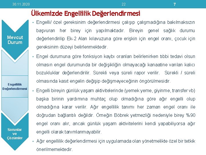 30. 11. 2020 22 7 Ülkemizde Engellilik Değerlendirmesi • Engelli/ özel gereksinim değerlendirmesi çalışıp