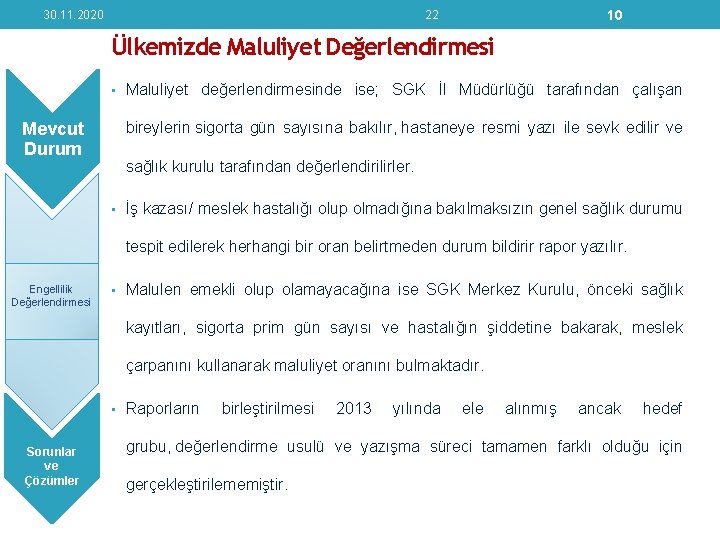 30. 11. 2020 10 22 Ülkemizde Maluliyet Değerlendirmesi • Maluliyet değerlendirmesinde ise; SGK İl