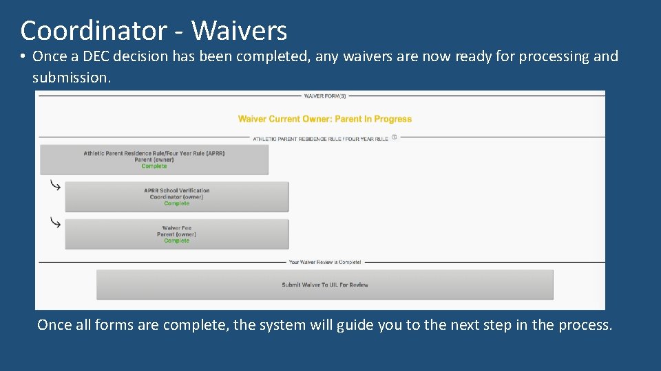 Coordinator - Waivers • Once a DEC decision has been completed, any waivers are