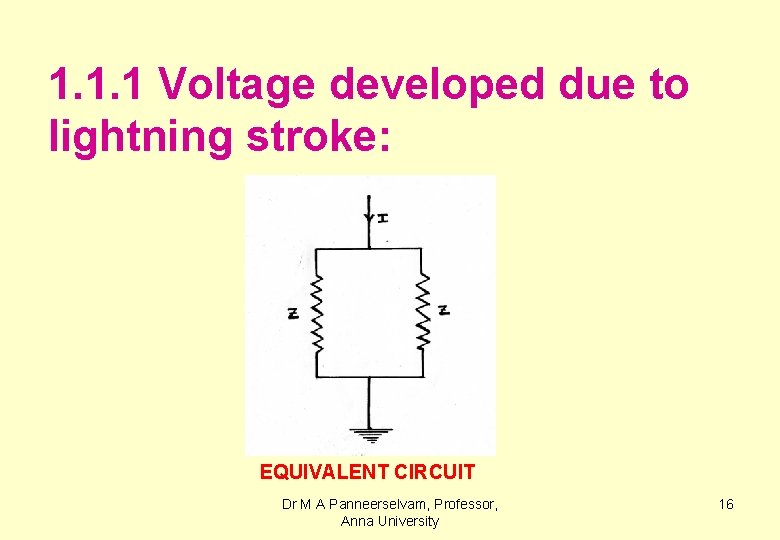 1. 1. 1 Voltage developed due to lightning stroke: EQUIVALENT CIRCUIT Dr M A