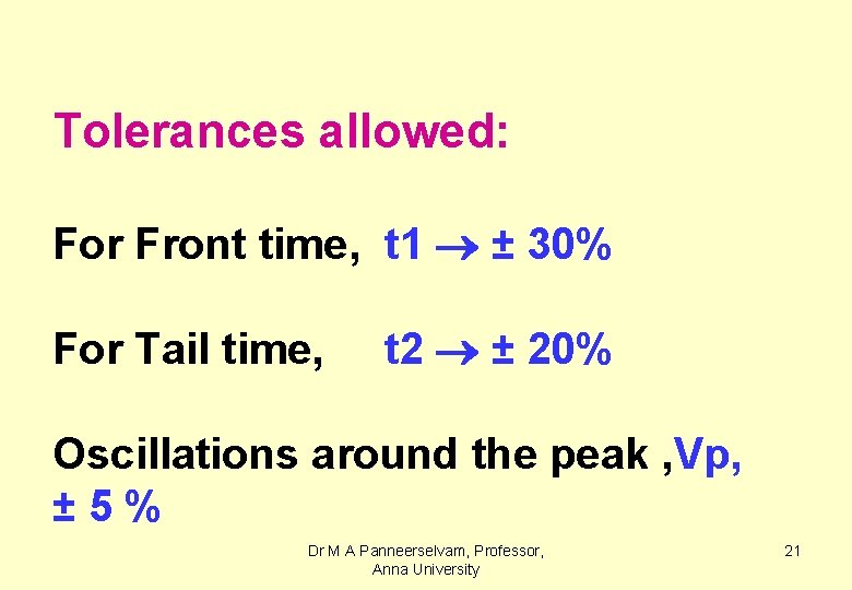 Tolerances allowed: For Front time, t 1 ± 30% For Tail time, t 2