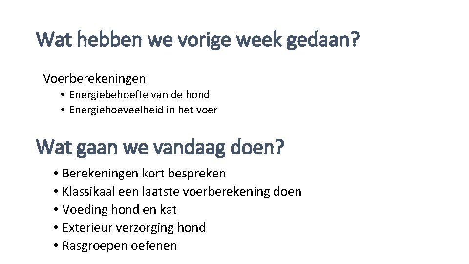 Wat hebben we vorige week gedaan? Voerberekeningen • Energiebehoefte van de hond • Energiehoeveelheid