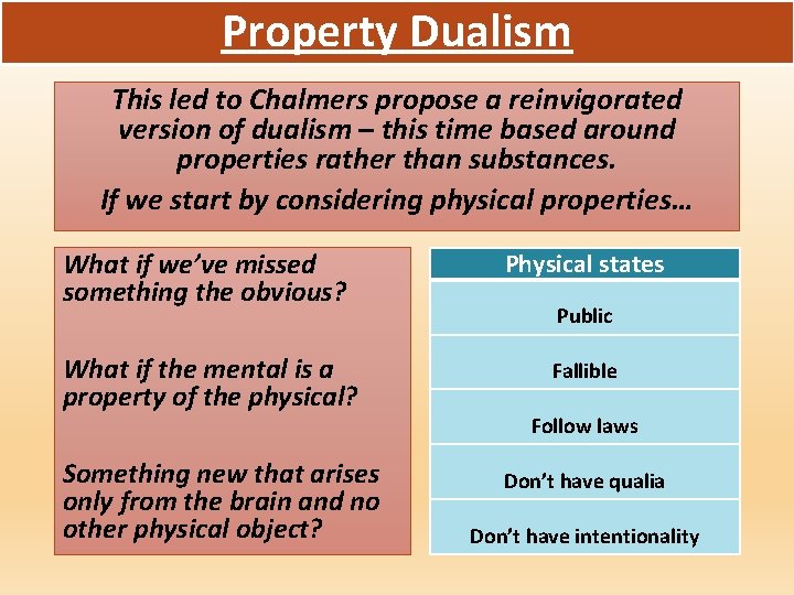 Property Dualism This led to Chalmers propose a reinvigorated version of dualism – this