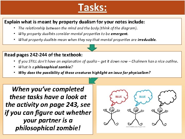 Tasks: Explain what is meant by property dualism for your notes include: • The