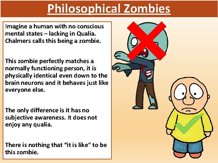 Philosophical Zombies Imagine a human with no conscious mental states – lacking in Qualia.