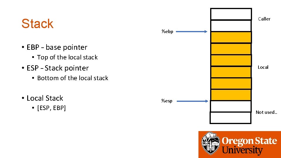 Stack Caller %ebp • EBP – base pointer • Top of the local stack