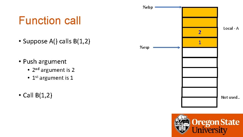 %ebp Function call 2 • Suppose A() calls B(1, 2) %esp Local - A