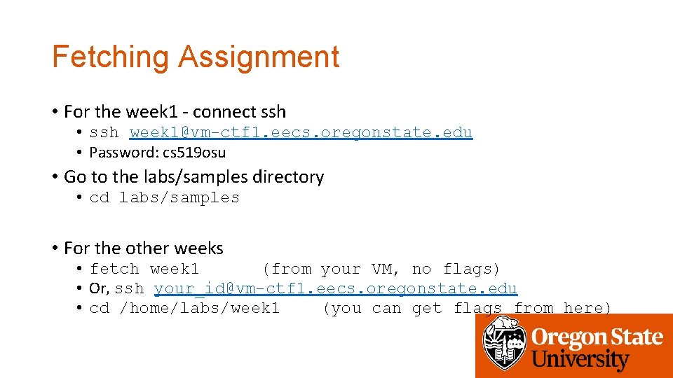 Fetching Assignment • For the week 1 - connect ssh • ssh week 1@vm-ctf