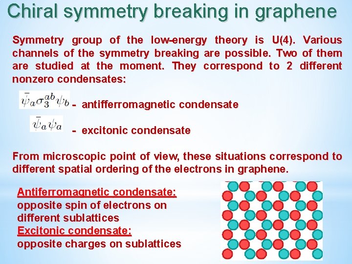 Chiral symmetry breaking in graphene Symmetry group of the low-energy theory is U(4). Various