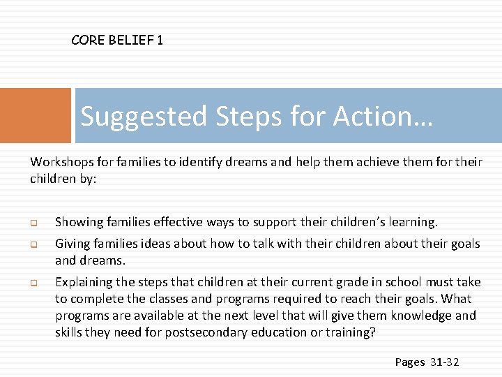 CORE BELIEF 1 Suggested Steps for Action… Workshops for families to identify dreams and