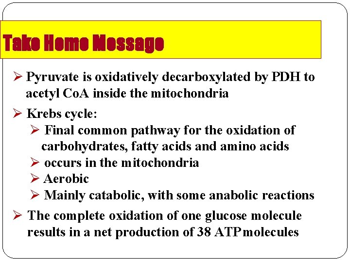 Take Home Message Pyruvate is oxidatively decarboxylated by PDH to acetyl Co. A inside