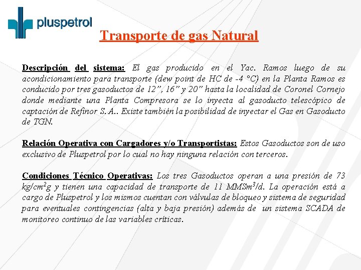 Transporte de gas Natural Descripción del sistema: El gas producido en el Yac. Ramos