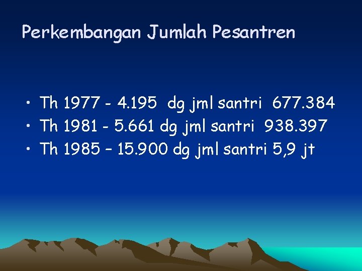 Perkembangan Jumlah Pesantren • Th 1977 - 4. 195 dg jml santri 677. 384