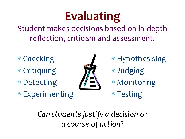 Evaluating Student makes decisions based on in-depth reflection, criticism and assessment. Checking Critiquing Detecting