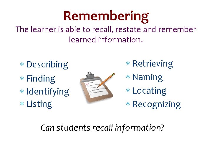 Remembering The learner is able to recall, restate and remember learned information. Describing Finding