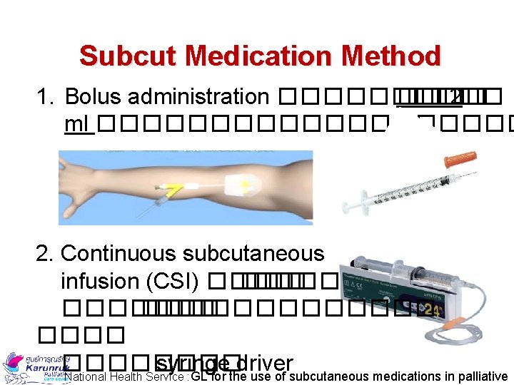 Subcut Medication Method 1. Bolus administration ����� 2 ml ���������� 2. Continuous subcutaneous infusion