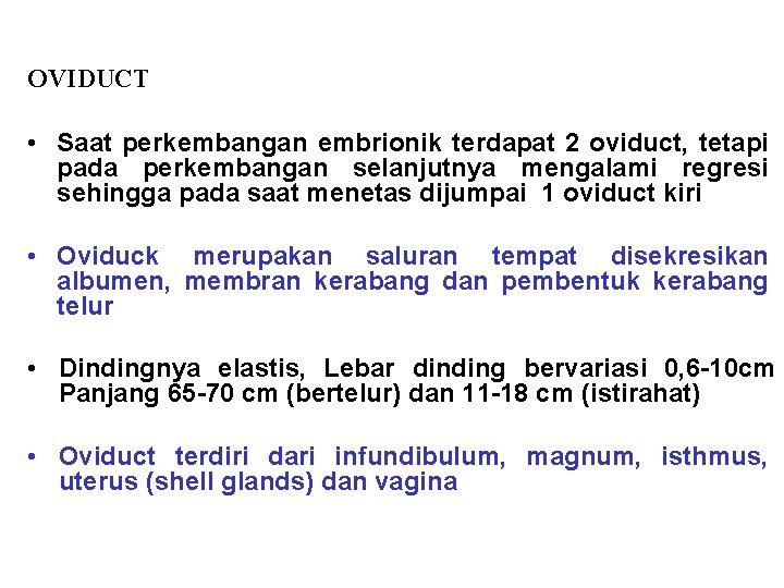 OVIDUCT • Saat perkembangan embrionik terdapat 2 oviduct, tetapi pada perkembangan selanjutnya mengalami regresi