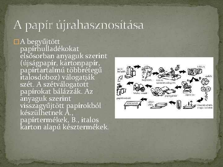 A papír újrahasznosítása � A begyűjtött papírhulladékokat elsősorban anyaguk szerint (újságpapír, kartonpapír, papírtartalmú többrétegű