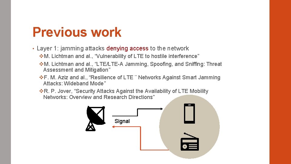 Previous work • Layer 1: jamming attacks denying access to the network v. M.