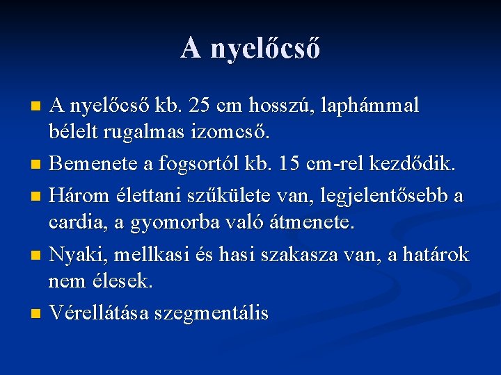 A nyelőcső kb. 25 cm hosszú, laphámmal bélelt rugalmas izomcső. n Bemenete a fogsortól