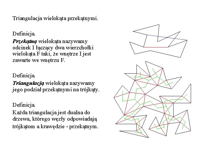 Triangulacja wielokąta przekątnymi. Definicja. Przekątną wielokąta nazywamy odcinek I łączący dwa wierzchołki wielokąta F