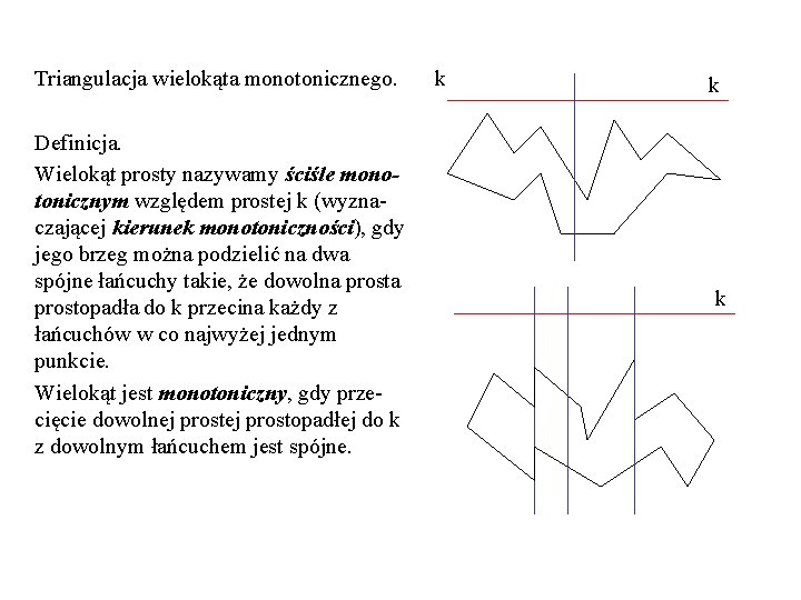 Triangulacja wielokąta monotonicznego. Definicja. Wielokąt prosty nazywamy ściśle monotonicznym względem prostej k (wyznaczającej kierunek