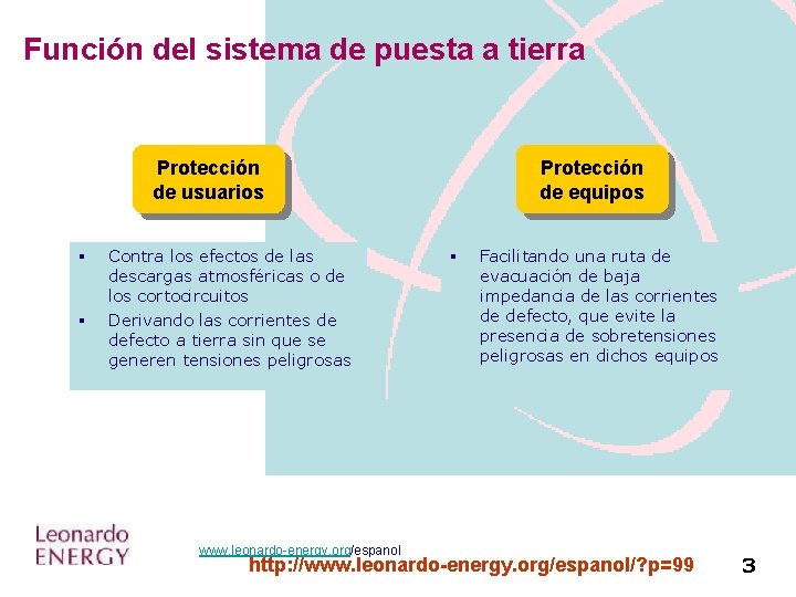 Función del sistema de puesta a tierra Protección de usuarios § § Contra los