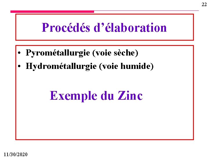 22 Procédés d’élaboration • Pyrométallurgie (voie sèche) • Hydrométallurgie (voie humide) Exemple du Zinc