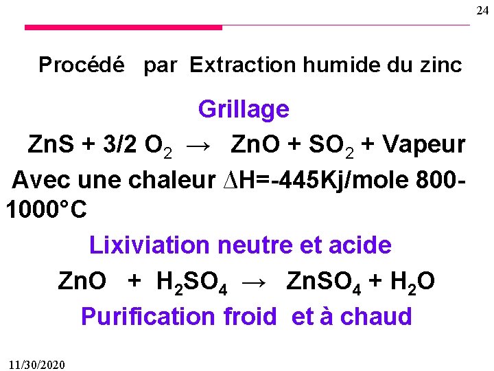 24 Procédé par Extraction humide du zinc Grillage Zn. S + 3/2 O 2