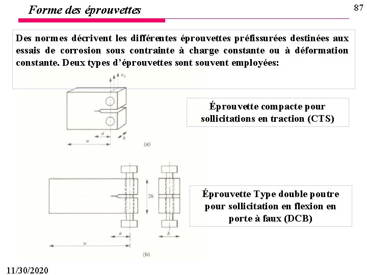 87 Forme des éprouvettes Des normes décrivent les différentes éprouvettes préfissurées destinées aux essais