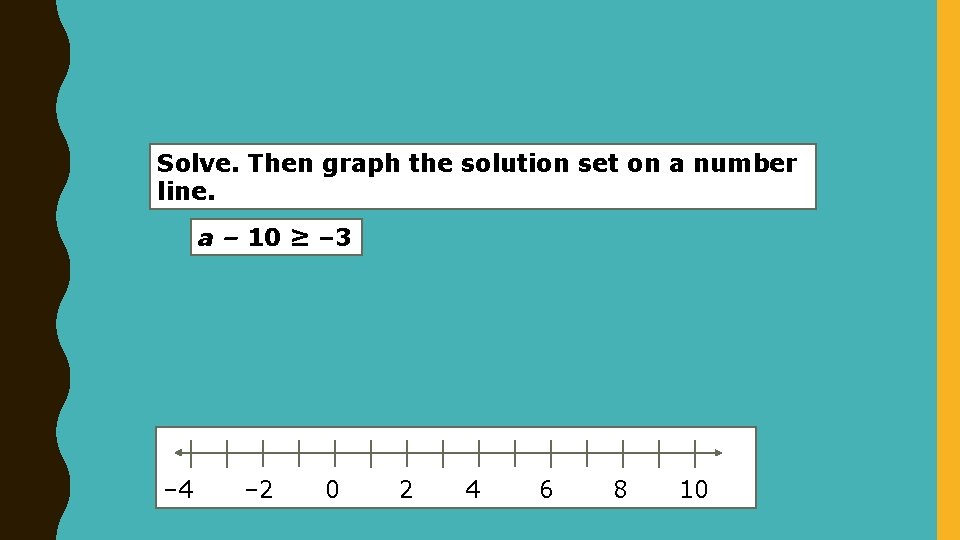 Solve. Then graph the solution set on a number line. a – 10 ≥