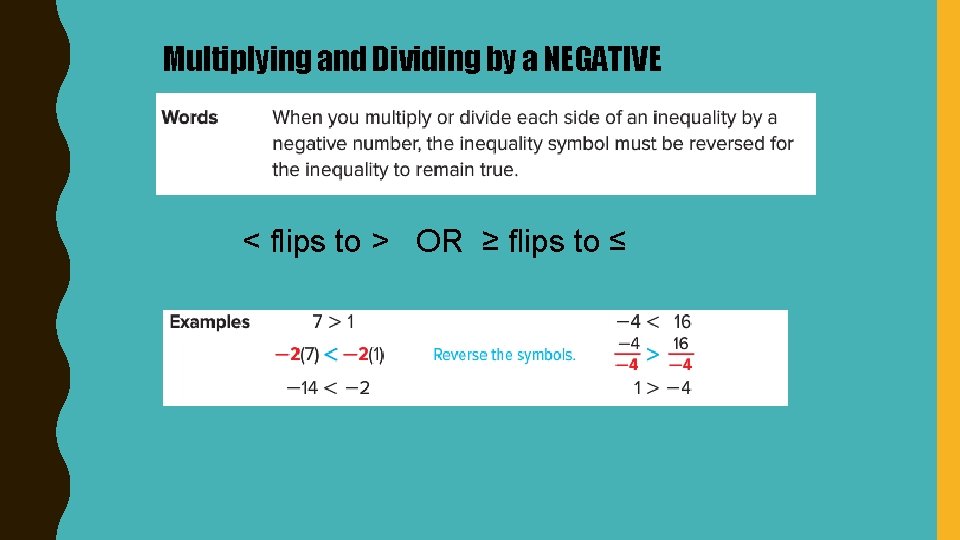 Multiplying and Dividing by a NEGATIVE < flips to > OR ≥ flips to
