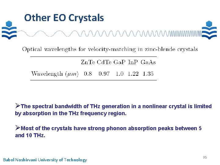 Other EO Crystals The spectral bandwidth of THz generation in a nonlinear crystal is