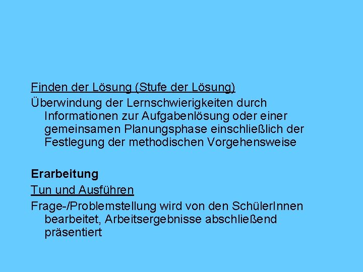 Finden der Lösung (Stufe der Lösung) Überwindung der Lernschwierigkeiten durch Informationen zur Aufgabenlösung oder