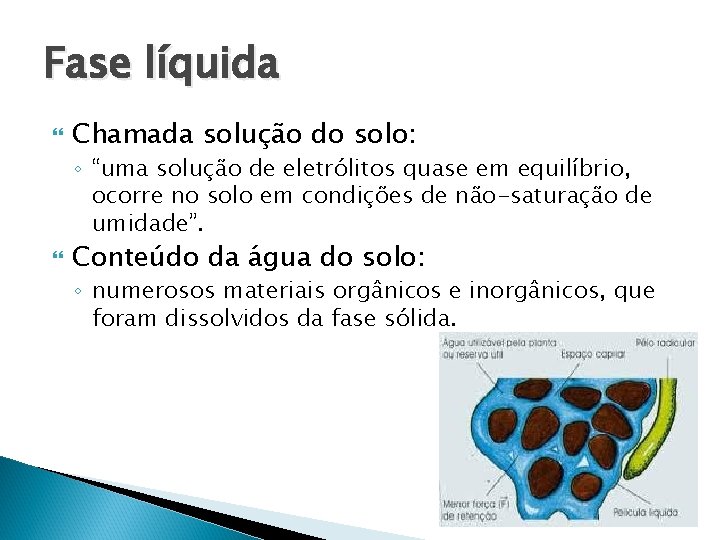 Fase líquida Chamada solução do solo: ◦ “uma solução de eletrólitos quase em equilíbrio,