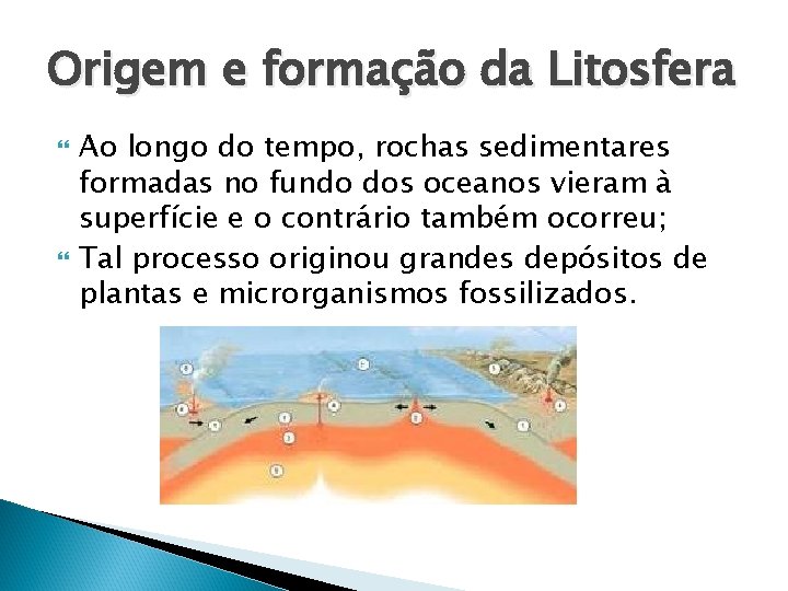 Origem e formação da Litosfera Ao longo do tempo, rochas sedimentares formadas no fundo