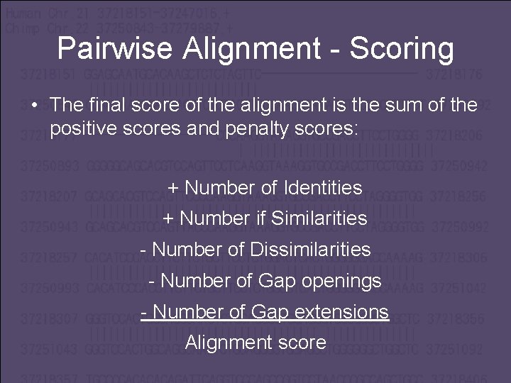 Pairwise Alignment - Scoring • The final score of the alignment is the sum